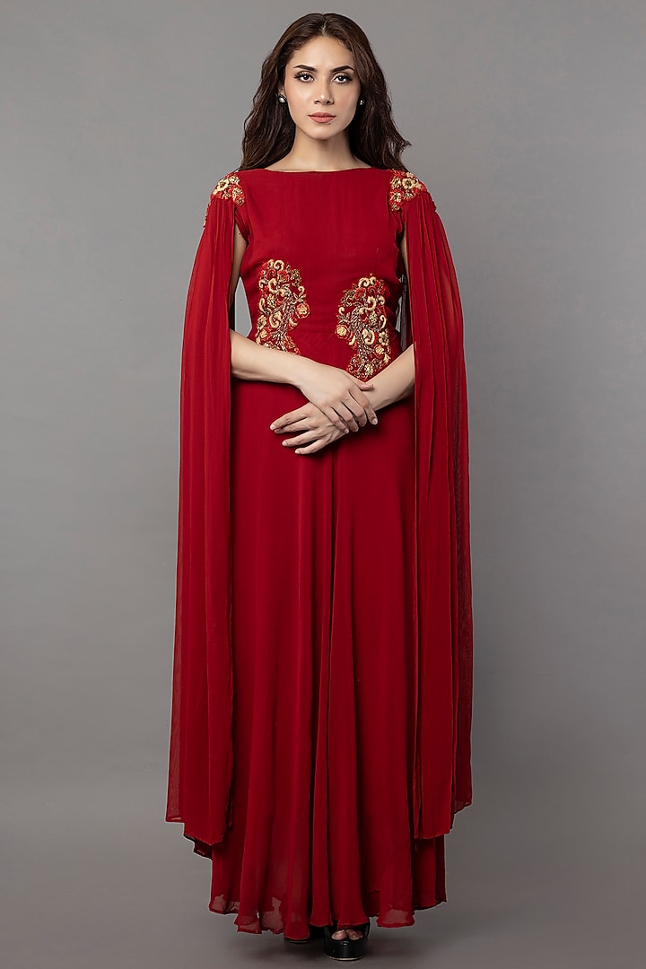 Red Georgette Embellished Kaftan Dress by ANJALIVERMA