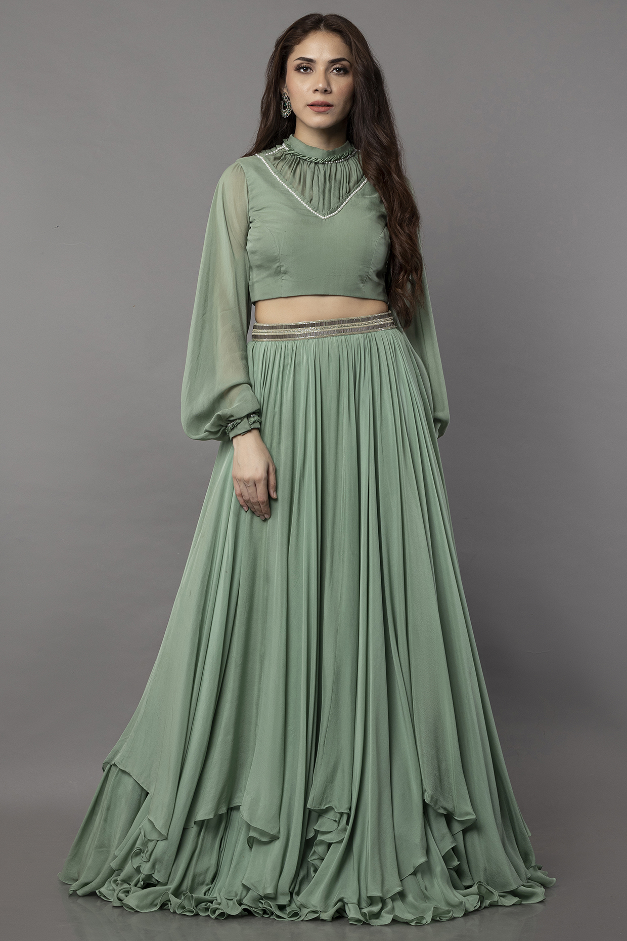 Aqua Green Pure Flat Chiffon Layered Wedding Lehenga Set by ANJALIVERMA at Pernia's Pop Up Shop