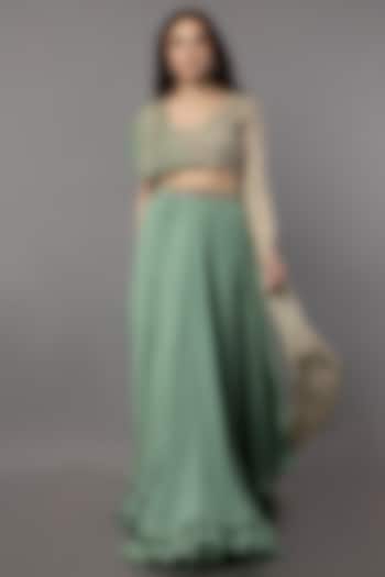 Aqua Green Flat Chiffon Wedding Lehenga Set by ANJALIVERMA at Pernia's Pop Up Shop