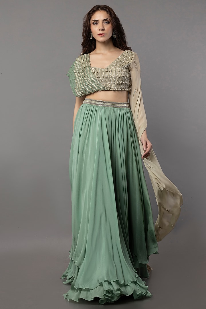 Aqua Green Flat Chiffon Wedding Lehenga Set by ANJALIVERMA at Pernia's Pop Up Shop