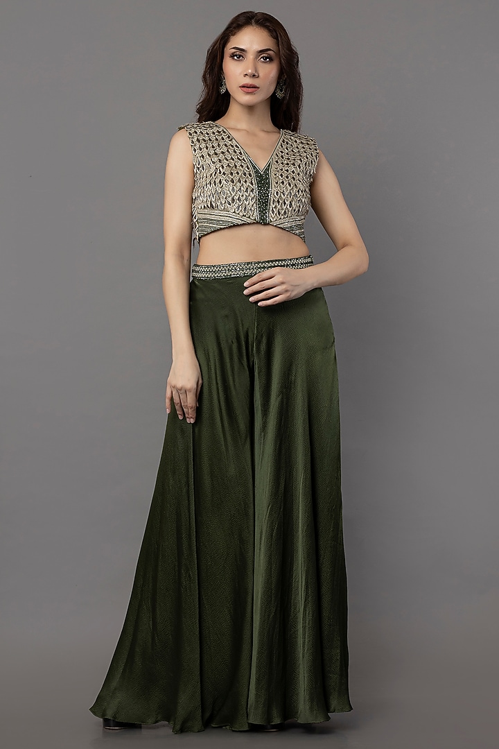 Green Hammer Satin Pant Set by ANJALIVERMA at Pernia's Pop Up Shop