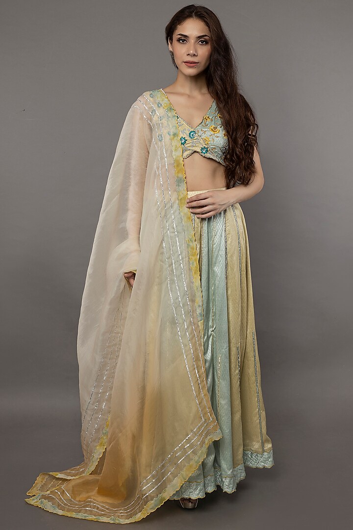 Mint & Yellow Brocade Skirt Set by ANJALIVERMA