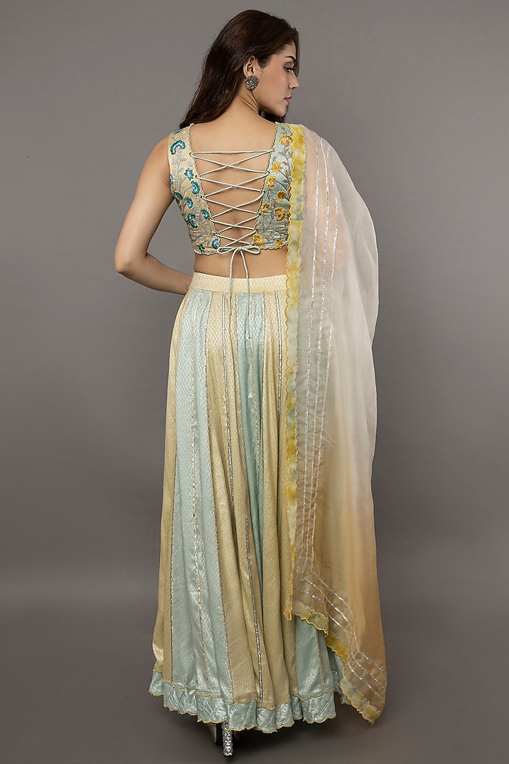 Mint & Yellow Brocade Skirt Set by ANJALIVERMA at Pernia's Pop Up Shop