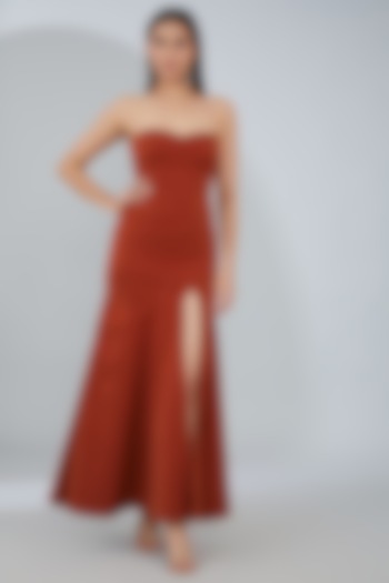 Brick Red Crepe Maxi Tube Dress by ANJALIVERMA