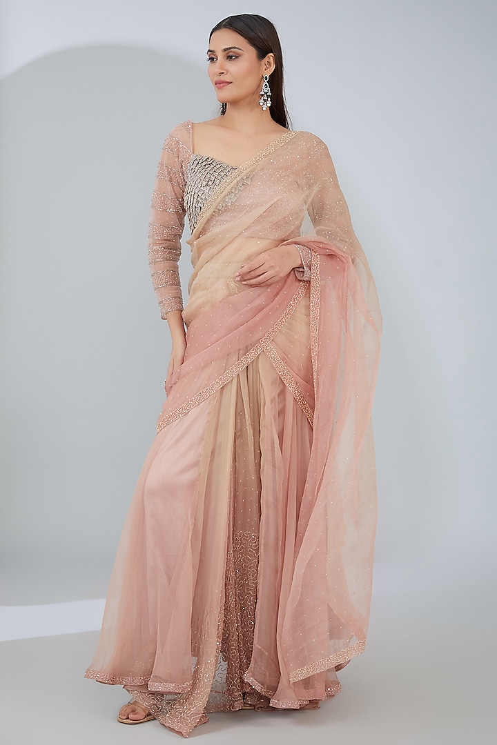 Beige & Blush Pink Ombre Silk Organza Zardosi Embroidered Draped Saree Set  Design by ANJALIVERMA at Pernia's Pop Up Shop 2024