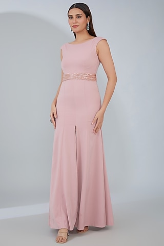 Blush Pink Crepe Panelled Maxi Dress by ANJALIVERMA
