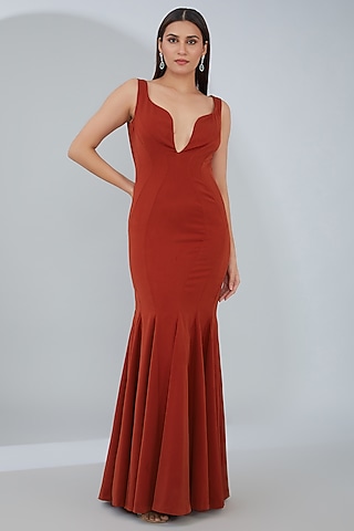 Brick Red Crepe Bodycon Gown by ANJALIVERMA