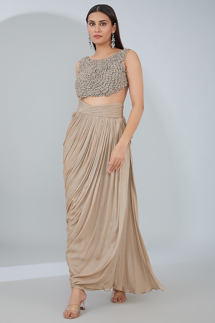 Beige Chiffon & Silk Organza Draped Skirt Set by ANJALIVERMA at Pernia's Pop Up Shop