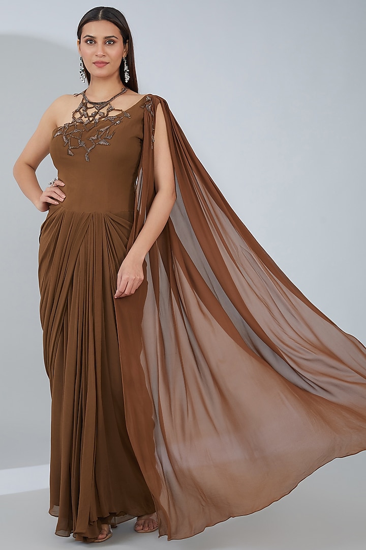 Brown Georgette Jewel Embroidered Draped Saree by ANJALIVERMA