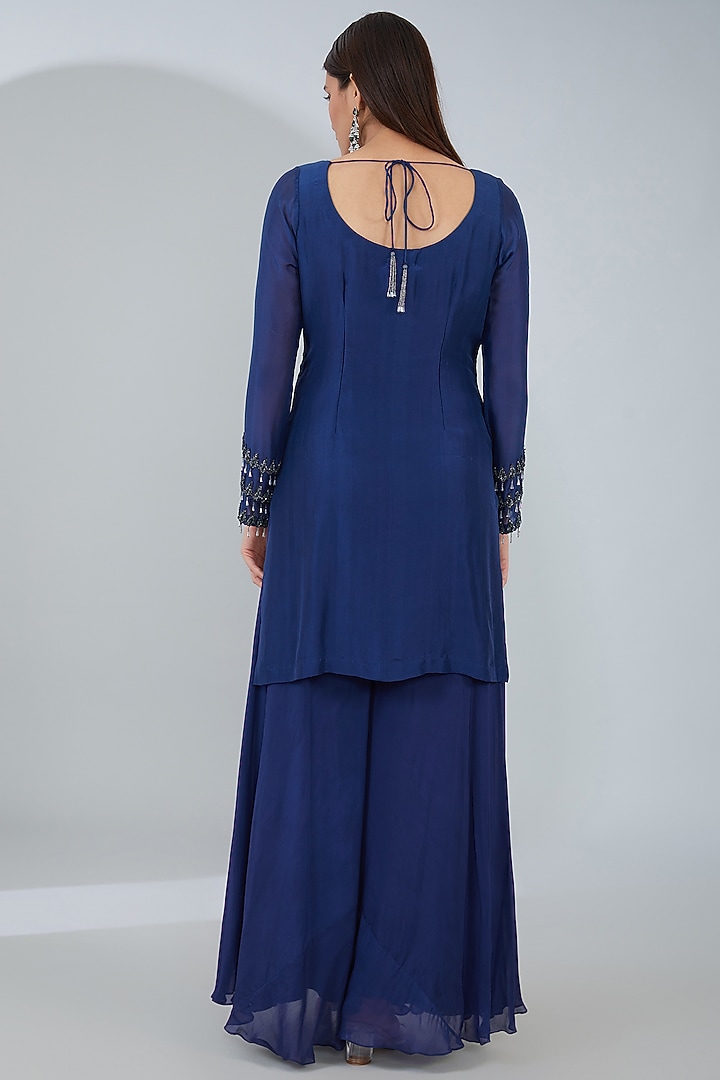 Blue Flat Chiffon Hand Embroidered Straight Kurta Set by ANJALIVERMA at Pernia's Pop Up Shop