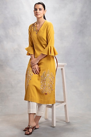 Mustard Embroidered & Printed Straight Kurta Set by Anju Modi
