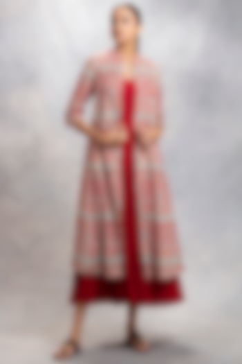 Maroon Cotton & Thin Cotton Jacket Dress by Anju Modi