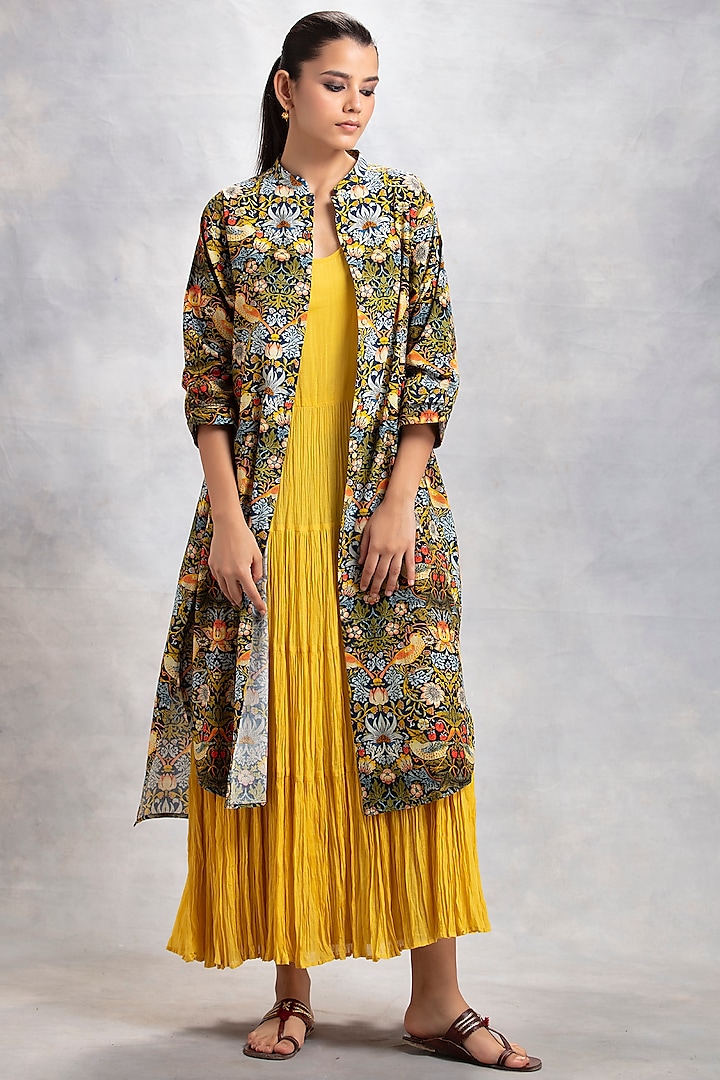 Mustard Thin Cotton & Cotton Jacket Vacation Dress by Anju Modi at Pernia's Pop Up Shop