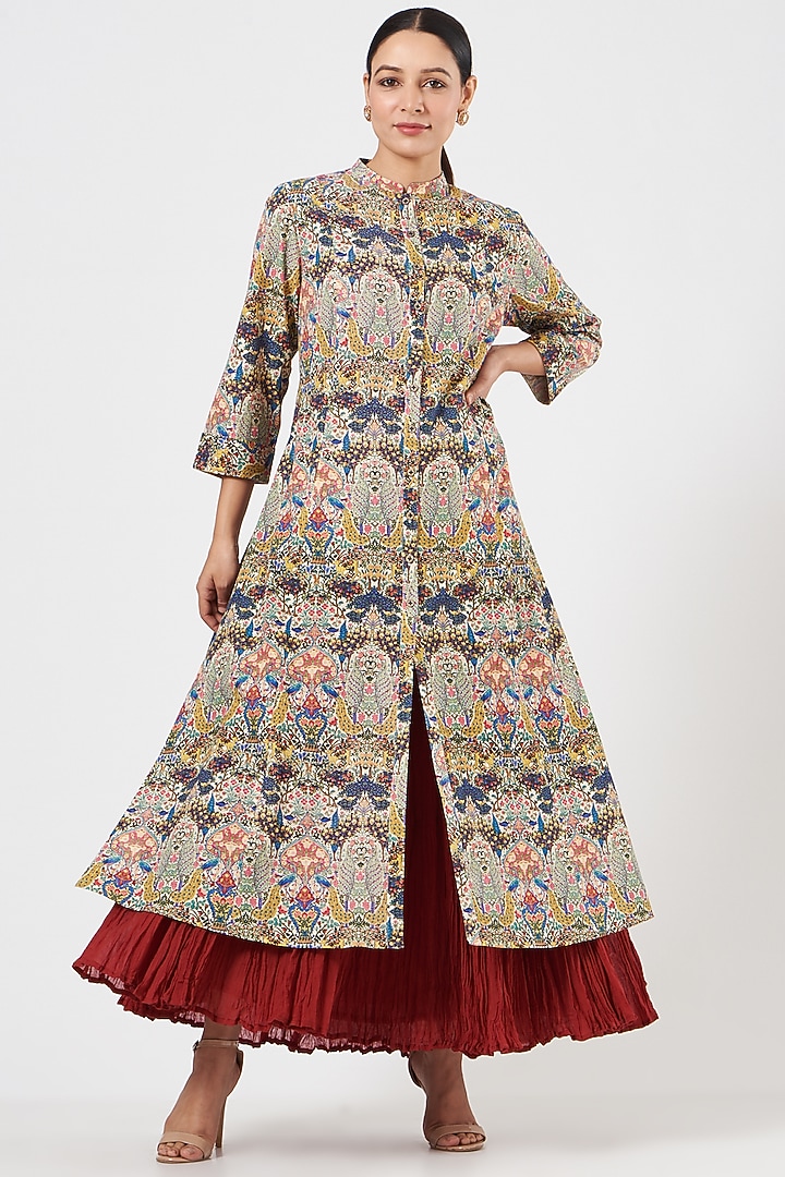 Ivory Cotton Printed Jacket Vacation Dress by Anju Modi at Pernia's Pop Up Shop