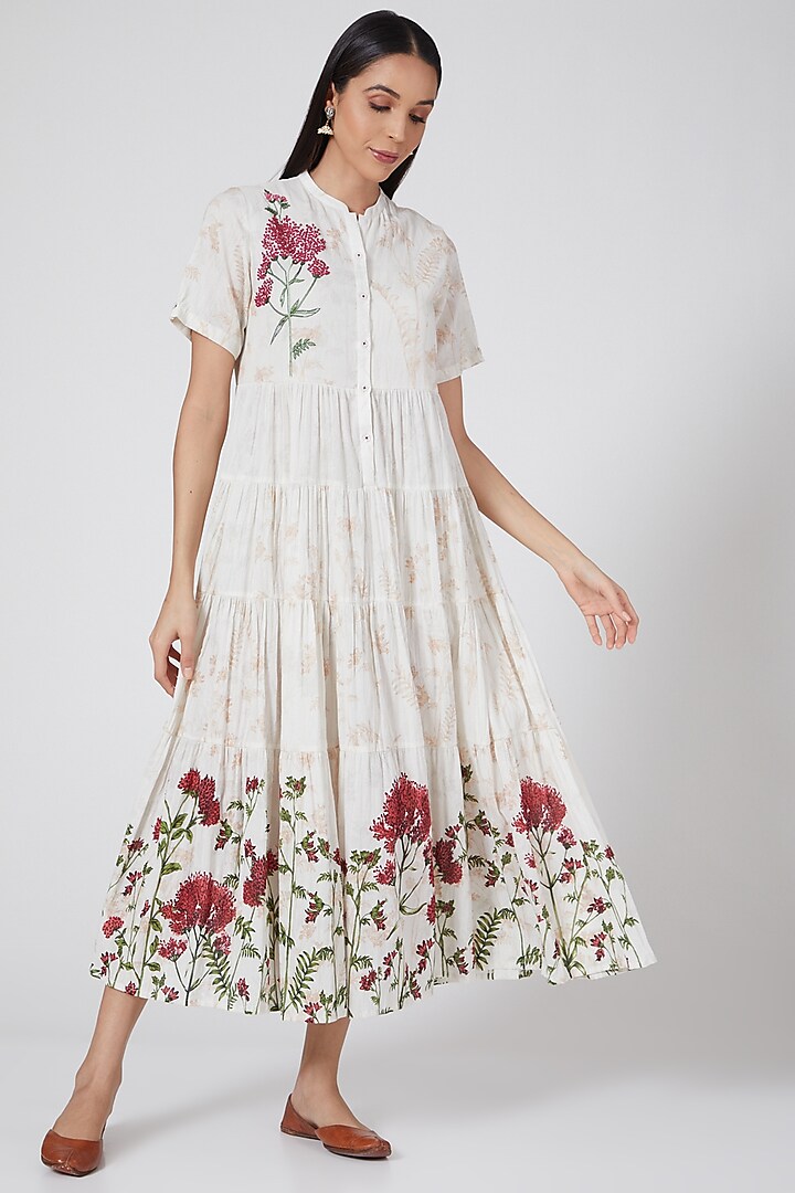 Ivory Printed & Embroidered Tiered Dress by Anju Modi