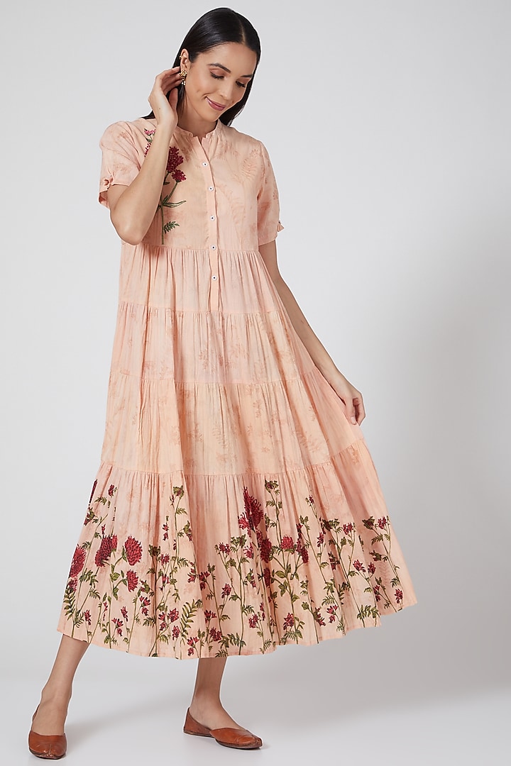 Peach Printed & Embroidered Tiered Dress by Anju Modi at Pernia's Pop Up Shop