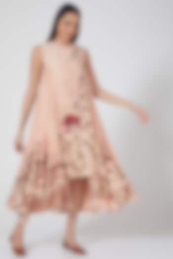 Peach Printed High-Low Dress by Anju Modi