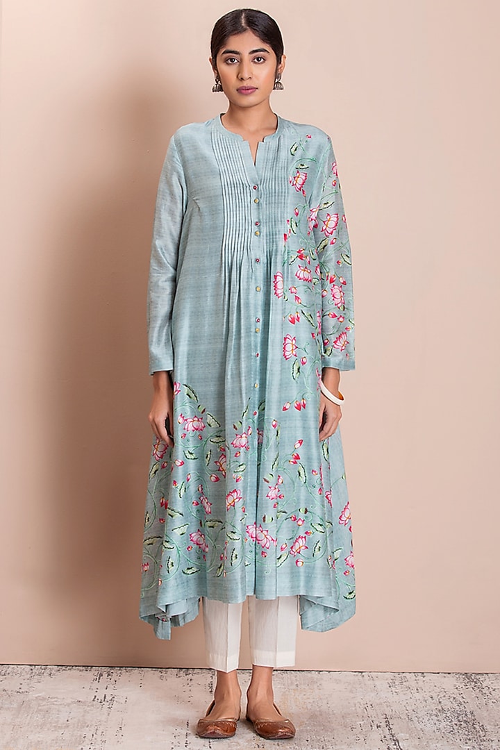 Aqua Printed Front-Open Kurta by Anju Modi at Pernia's Pop Up Shop