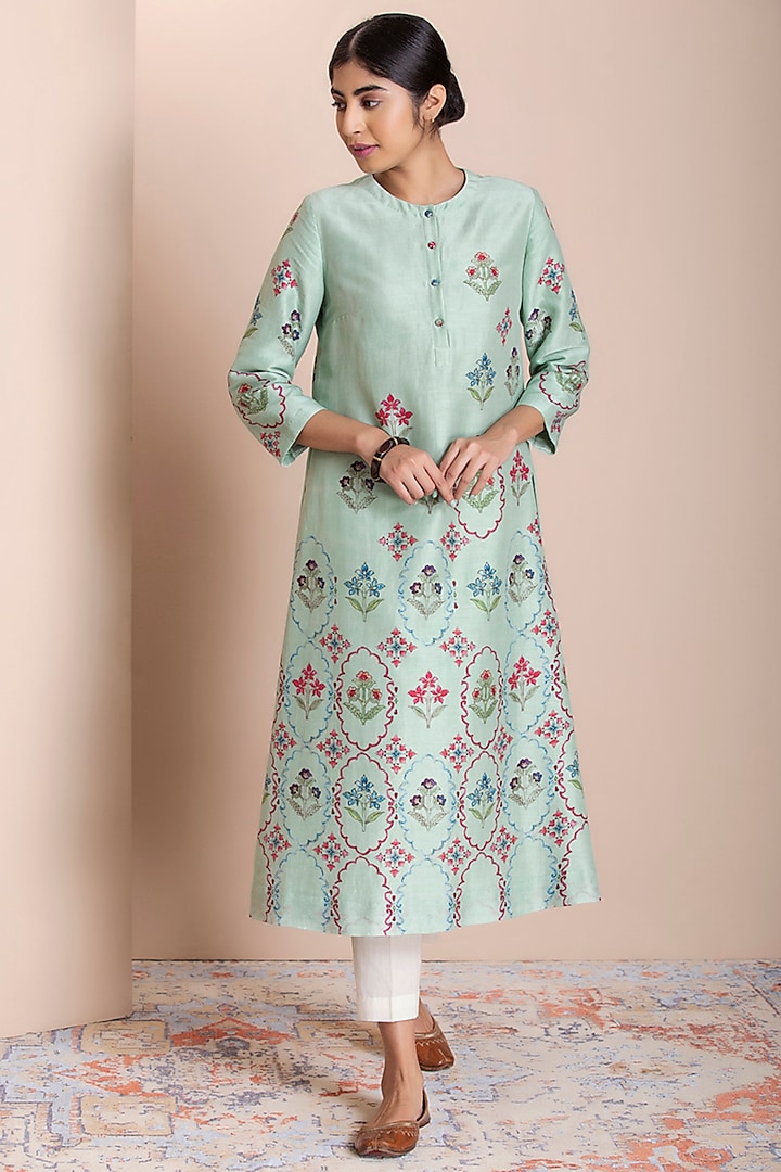 Pista Green Floral Printed Straight Kurta by Anju Modi