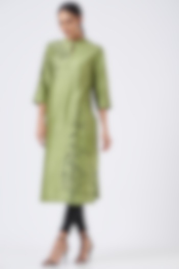 Olive Green Printed Straight Kurta by Anju Modi