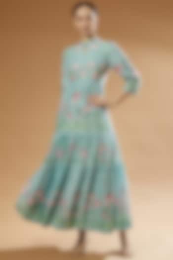 Aqua Silk Printed Dress by Anju Modi