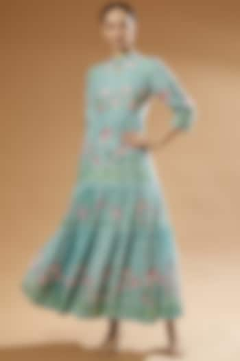 Aqua Silk Printed Dress by Anju Modi at Pernia's Pop Up Shop