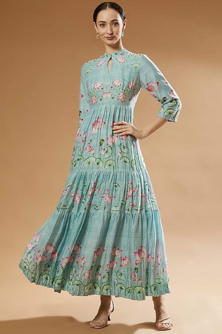 Aqua Silk Printed Dress by Anju Modi