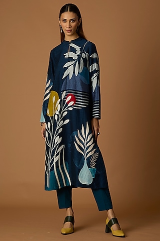 Indigo Viscose Dupion Printed Tunic by Anju Modi