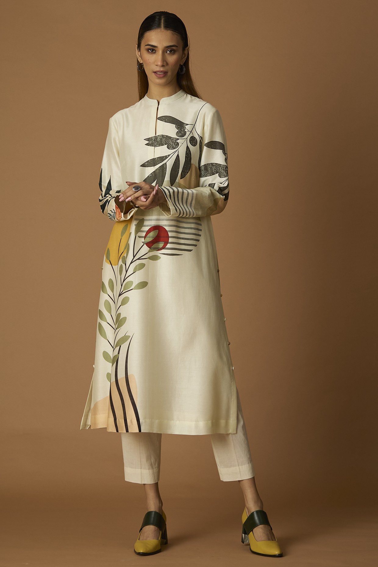 Ivory Silk Chanderi Printed Tunic by Anju Modi at Pernia's Pop Up Shop