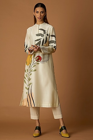 Ivory Silk Chanderi Printed Tunic by Anju Modi