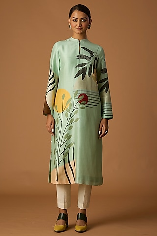 Green Silk Chanderi Printed Tunic by Anju Modi