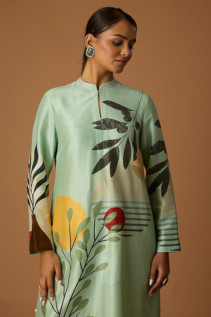 Green Silk Chanderi Printed Tunic by Anju Modi at Pernia's Pop Up Shop