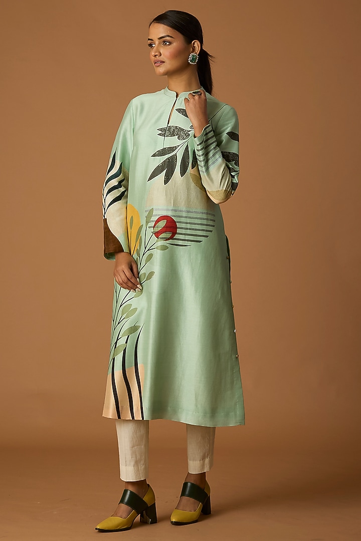 Green Silk Chanderi Printed Tunic by Anju Modi at Pernia's Pop Up Shop