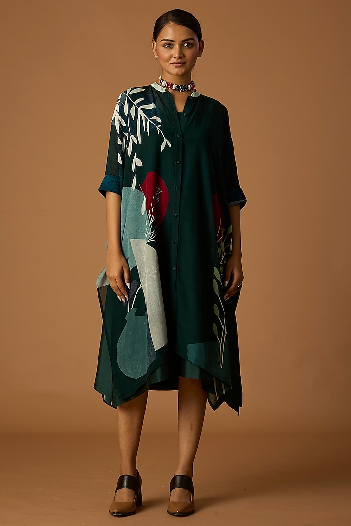 Green Bomber Organza Printed Tunic by Anju Modi at Pernia's Pop Up Shop
