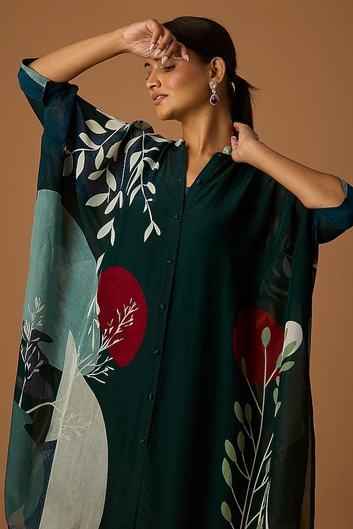 Green Bomber Organza Printed Tunic by Anju Modi at Pernia's Pop Up Shop