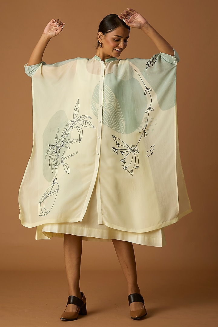 Ivory Bomber Organza Printed Tunic by Anju Modi at Pernia's Pop Up Shop