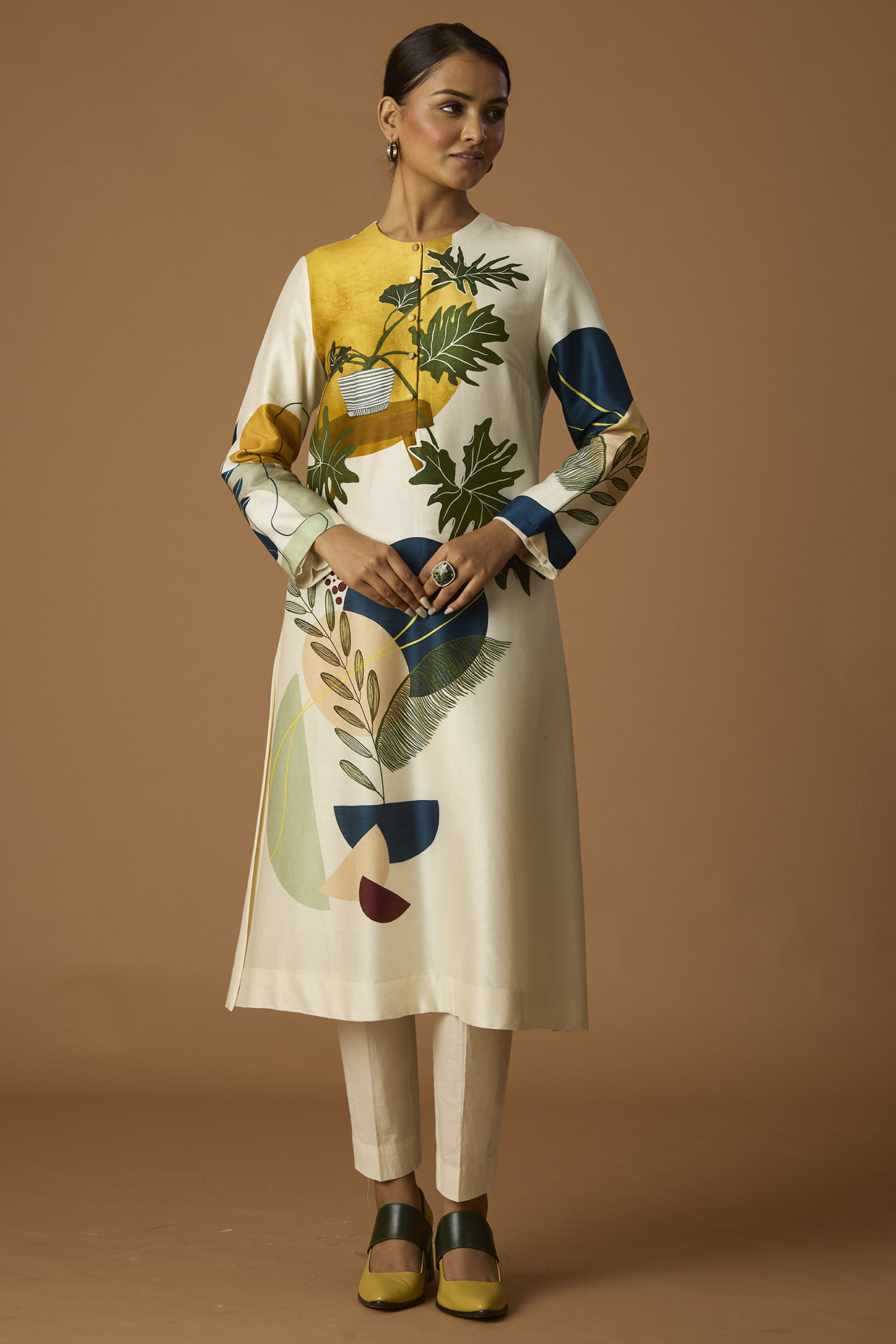 Ivory Silk Chanderi Printed Tunic by Anju Modi at Pernia's Pop Up Shop
