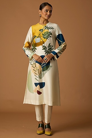 Ivory Silk Chanderi Printed Tunic by Anju Modi
