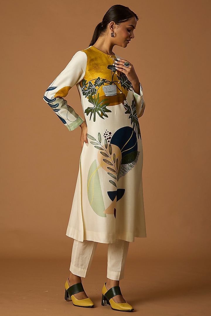 Ivory Silk Chanderi Printed Tunic by Anju Modi at Pernia's Pop Up Shop