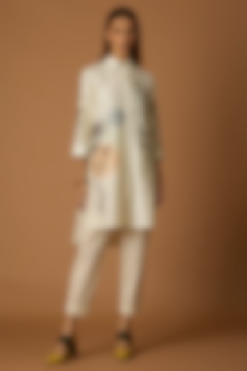 Ivory Silk Chanderi Printed High-Low Shirt by Anju Modi at Pernia's Pop Up Shop