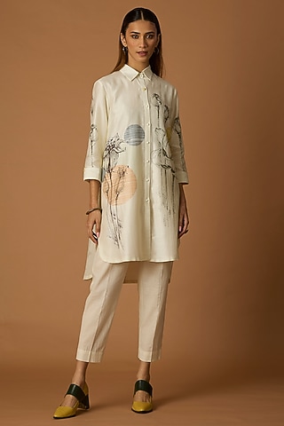 Ivory Silk Chanderi Printed High-Low Shirt by Anju Modi