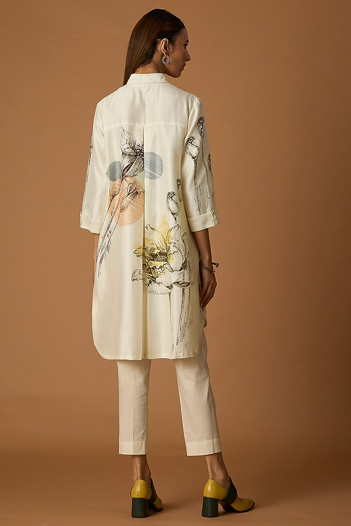 Ivory Silk Chanderi Printed High-Low Shirt by Anju Modi at Pernia's Pop Up Shop