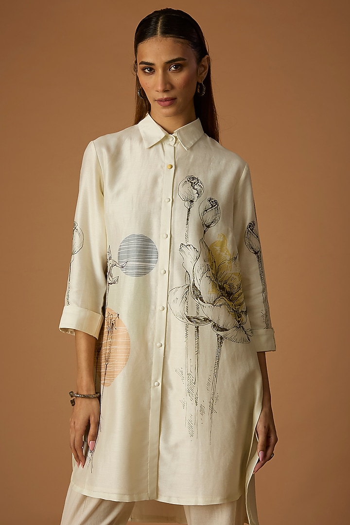 Ivory Silk Chanderi Printed High-Low Shirt by Anju Modi at Pernia's Pop Up Shop