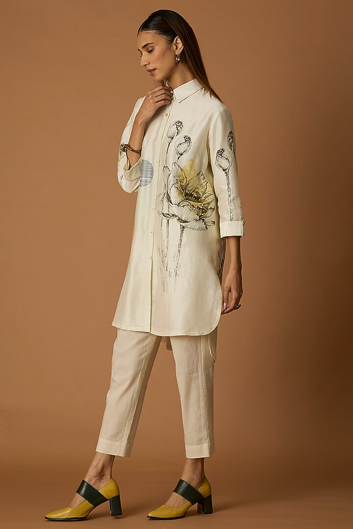 Ivory Silk Chanderi Printed High-Low Shirt by Anju Modi at Pernia's Pop Up Shop
