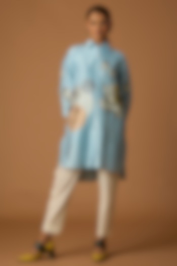 Powder Blue Silk Chanderi Printed High-Low Shirt by Anju Modi at Pernia's Pop Up Shop