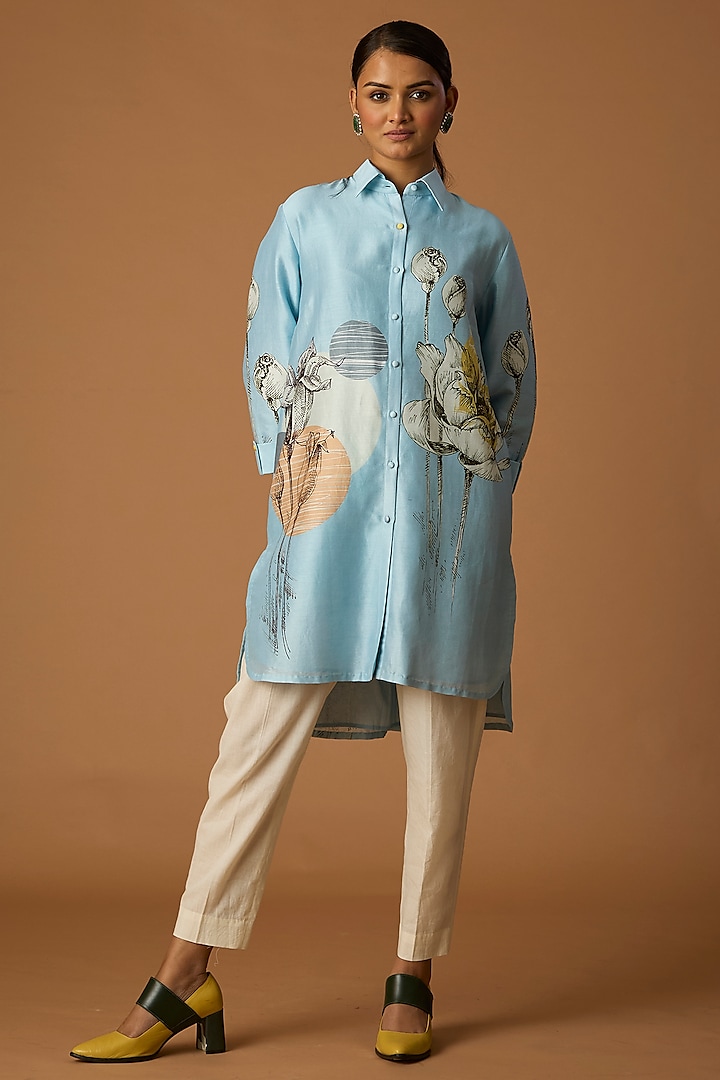 Powder Blue Silk Chanderi Printed High-Low Shirt by Anju Modi at Pernia's Pop Up Shop