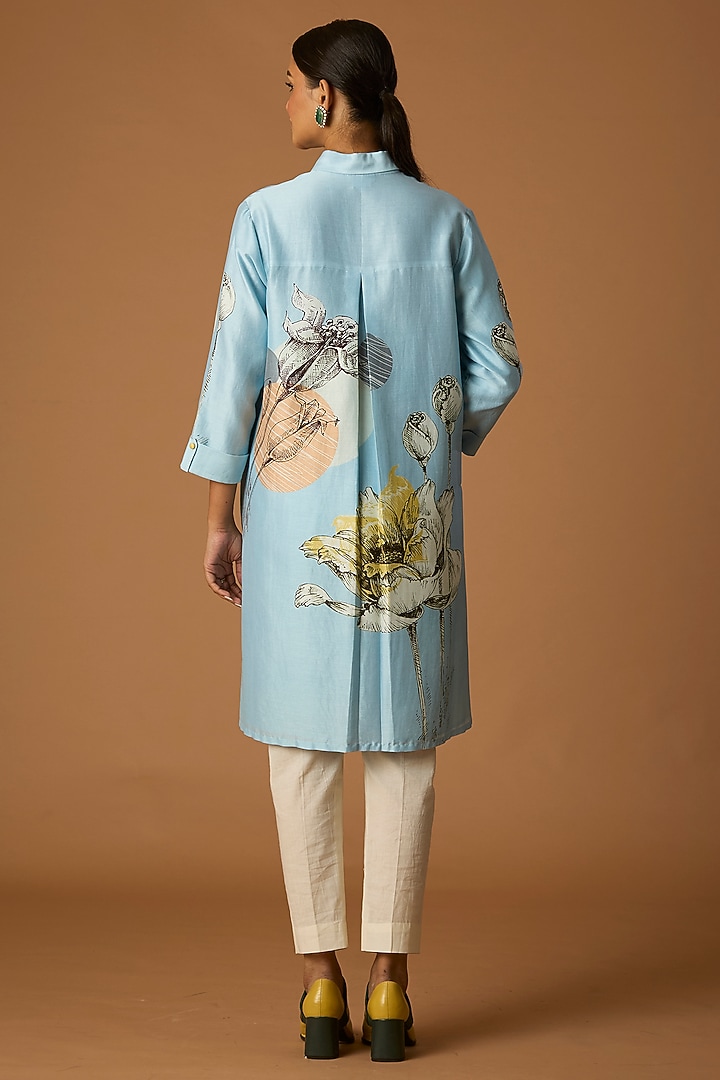 Powder Blue Silk Chanderi Printed High-Low Shirt by Anju Modi at Pernia's Pop Up Shop