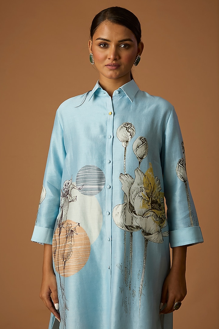 Powder Blue Silk Chanderi Printed High-Low Shirt by Anju Modi at Pernia's Pop Up Shop