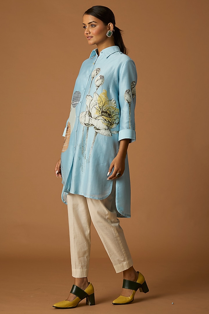 Powder Blue Silk Chanderi Printed High-Low Shirt by Anju Modi at Pernia's Pop Up Shop