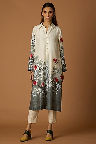 Ivory & Grey Silk Chanderi Printed Tunic by Anju Modi